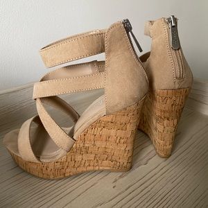 Charles David Nude Beige Faux Suede
Cork Wedges